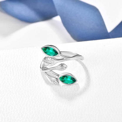 925 Sterling Silver Leaf Ring with Birthstone Adjustable Wrap Promise Engagement Wedding Rings for Women