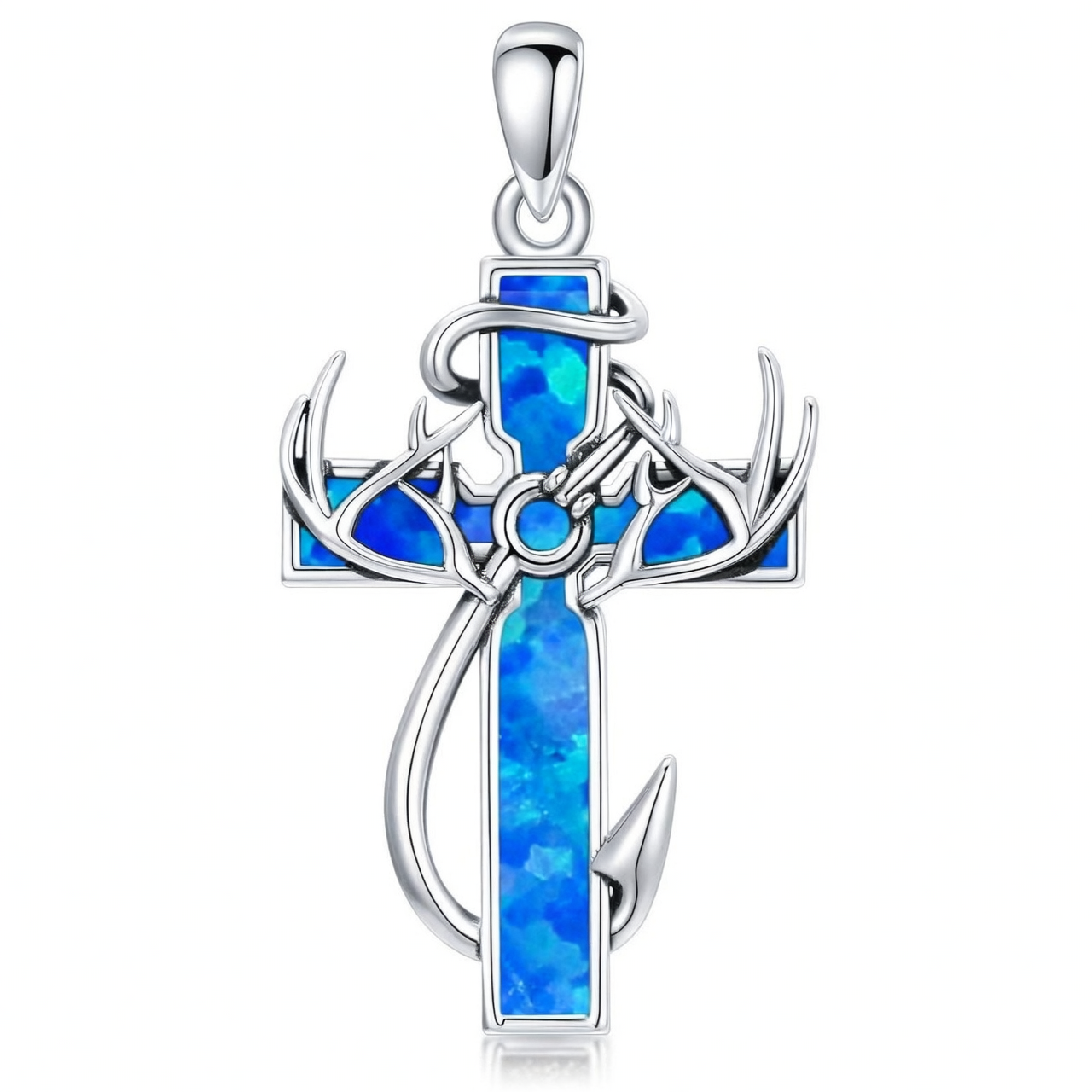 925 Silver Black Enamel Deer Antlers Cross Necklace Men