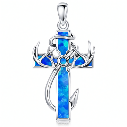 925 Silver Black Enamel Deer Antlers Cross Necklace Men