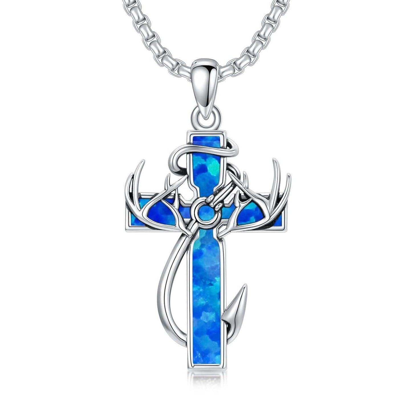 925 Silver Black Enamel Deer Antlers Cross Necklace Men