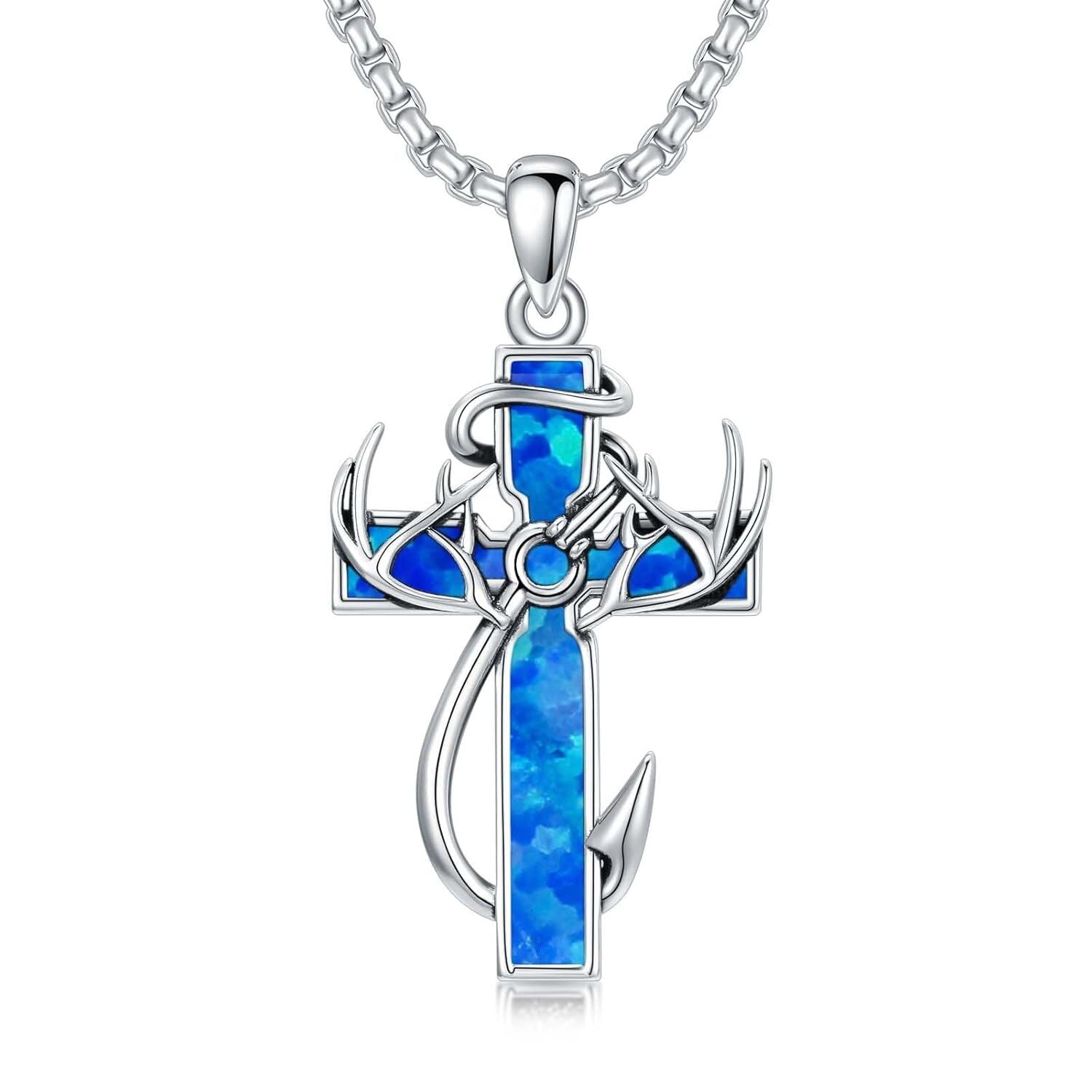 925 Silver Black Enamel Deer Antlers Cross Necklace Men