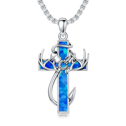 925 Silver Black Enamel Deer Antlers Cross Necklace Men