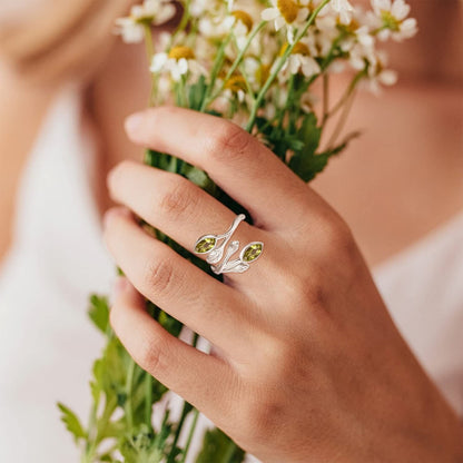 925 Sterling Silver Leaf Ring with Birthstone Adjustable Wrap Promise Engagement Wedding Rings for Women