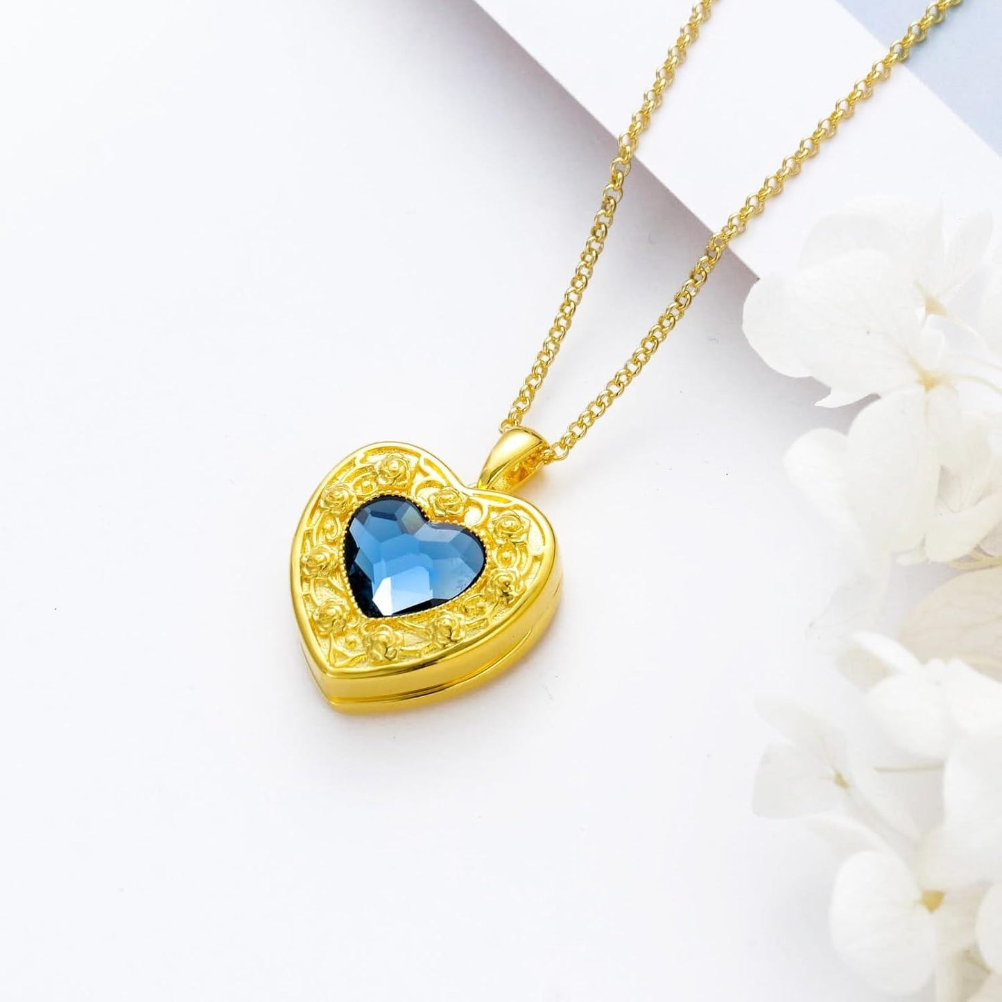 Gold 925 Silver Blue Crystal Heart Photo Locket Necklace