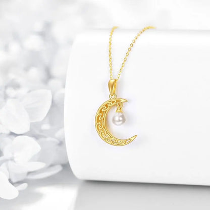 14K Gold Crescent Moon with Pearl Charm Pendant Necklace for Women