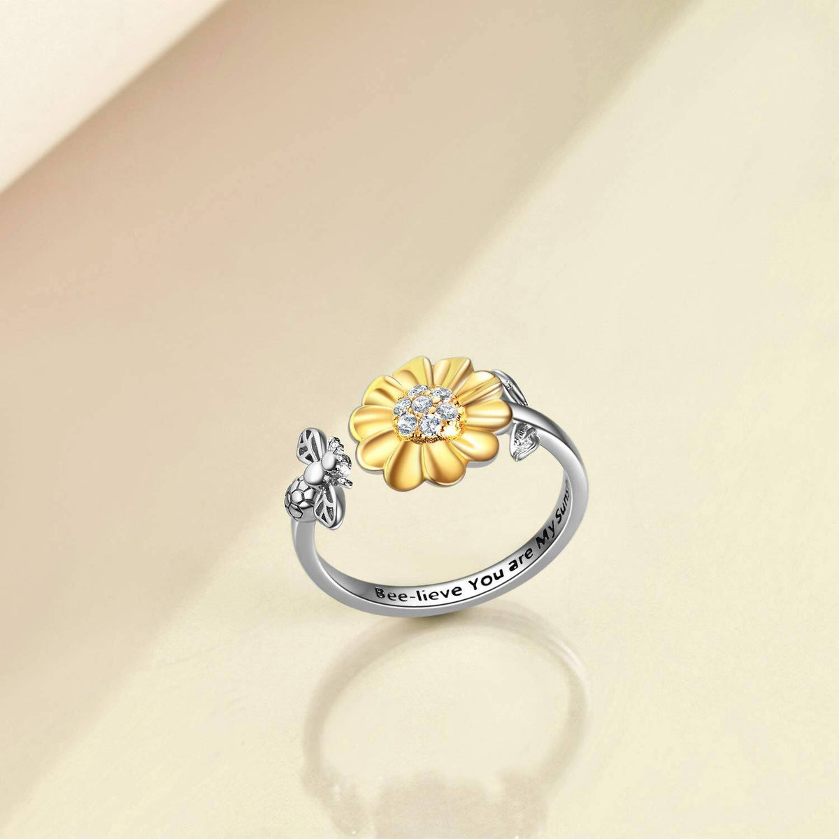 925 Sterling Silver Bee & Sunflower Adjustable Ring