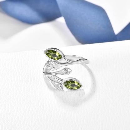 925 Sterling Silver Leaf Ring with Birthstone Adjustable Wrap Promise Engagement Wedding Rings for Women