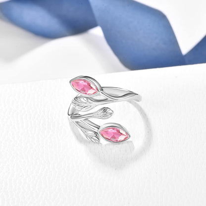 925 Sterling Silver Leaf Ring with Birthstone Adjustable Wrap Promise Engagement Wedding Rings for Women