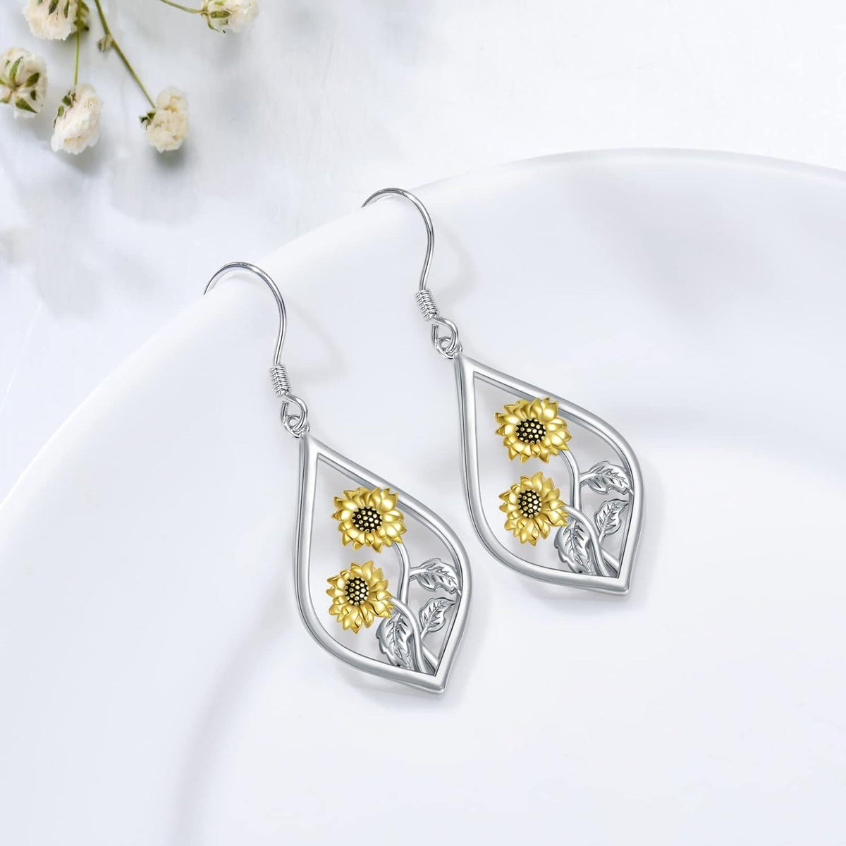 925 Sterling Silver Two-Tone Sunflower Drop Earrings