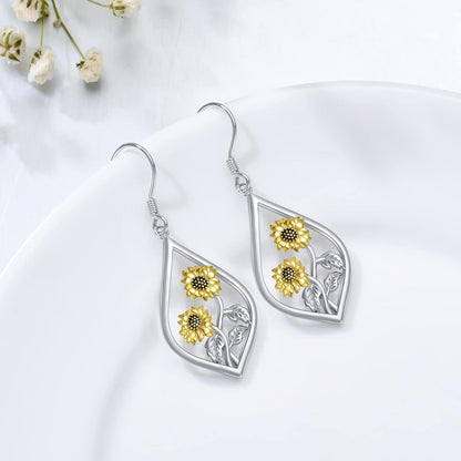 925 Sterling Silver Two-Tone Sunflower Drop Earrings