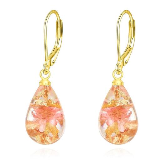 925 Sterling Silver Pink Pressed Flowers Gold Leaf Drop Leverback Earrings