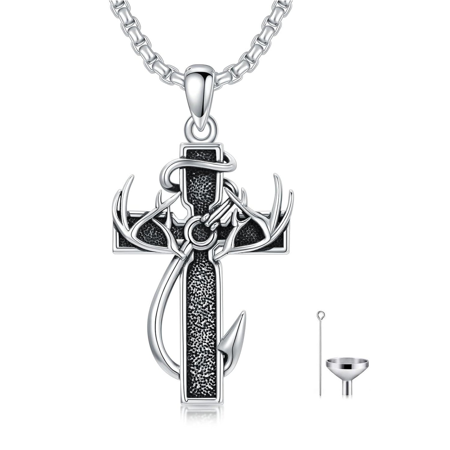 925 Silver Cross Antlers Anchor Cremation Keepsake Necklace