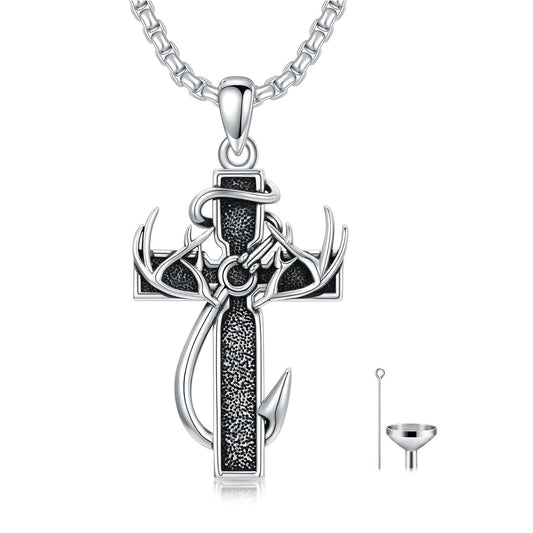 925 Silver Cross Antlers Anchor Cremation Keepsake Necklace