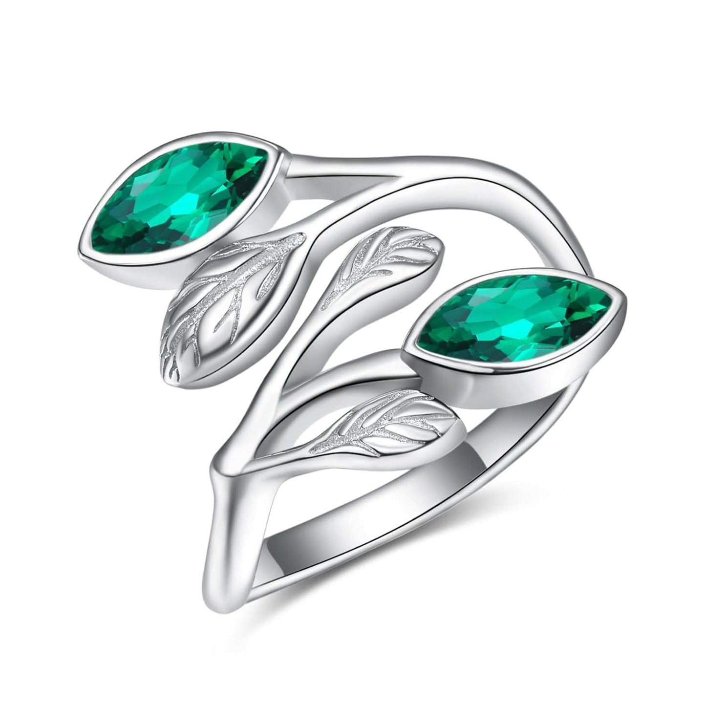 925 Sterling Silver Leaf Ring with Birthstone Adjustable Wrap Promise Engagement Wedding Rings for Women