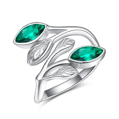 925 Sterling Silver Leaf Ring with Birthstone Adjustable Wrap Promise Engagement Wedding Rings for Women