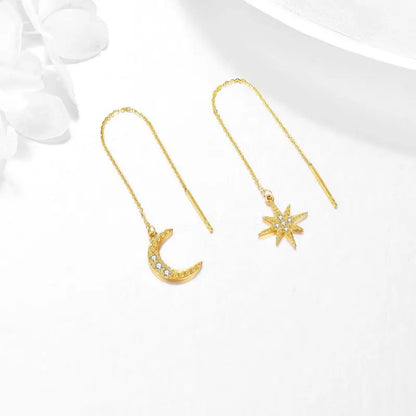 14K Gold Moon & Star Threader Drop Earrings with Crystal Accents - 2 Pairs