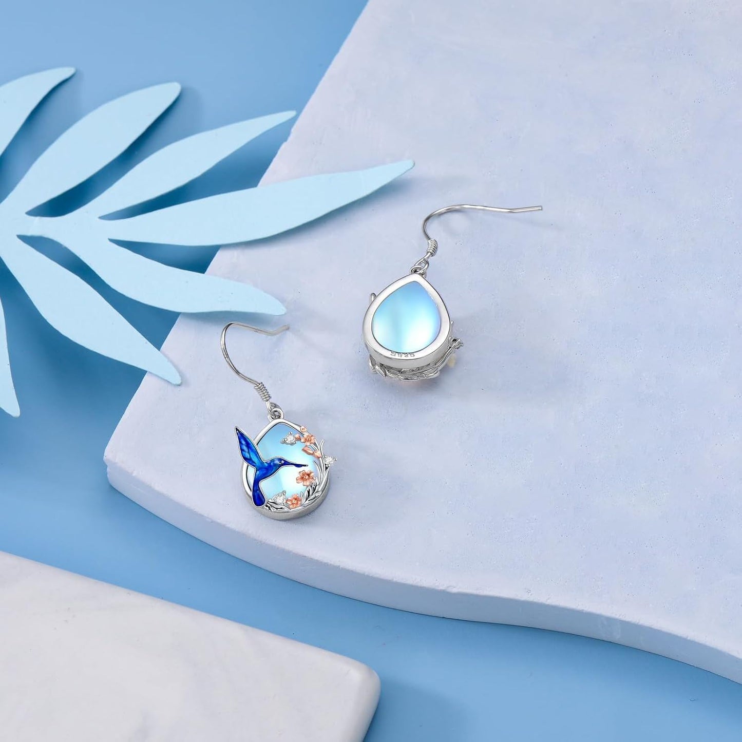 925 Silver Hummingbird Moonstone Drop Earrings Women