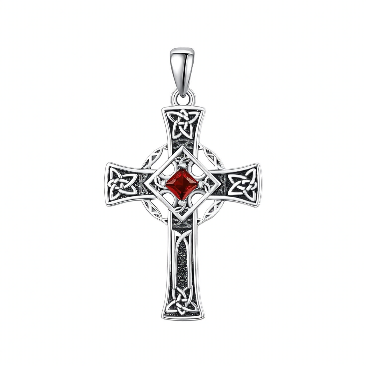 925 Silver Garnet Celtic Cross Necklace Men 22 Inch Chain