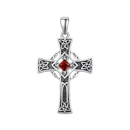 925 Silver Garnet Celtic Cross Necklace Men 22 Inch Chain