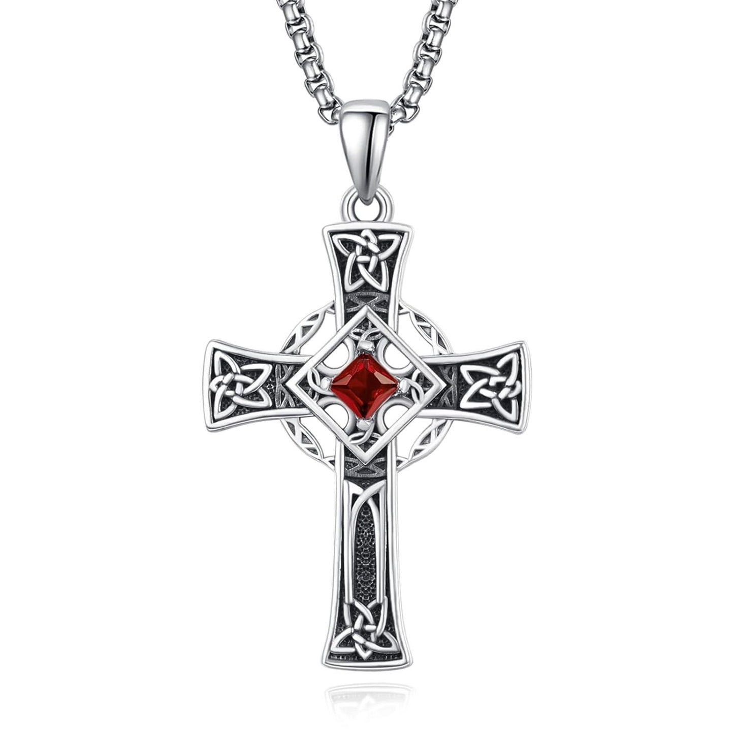 925 Silver Garnet Celtic Cross Necklace Men 22 Inch Chain