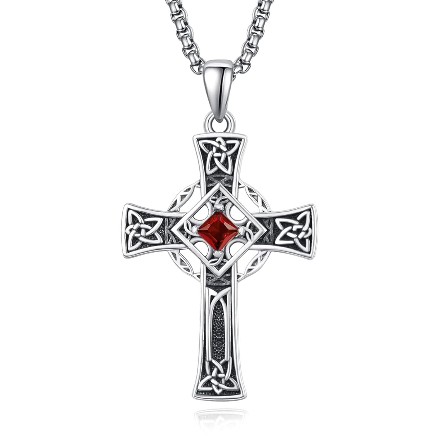 925 Silver Garnet Celtic Cross Necklace Men 22 Inch Chain