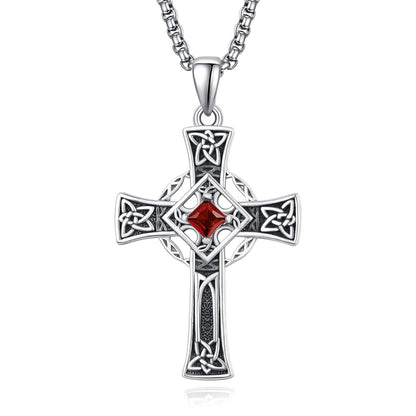 925 Silver Garnet Celtic Cross Necklace Men 22 Inch Chain