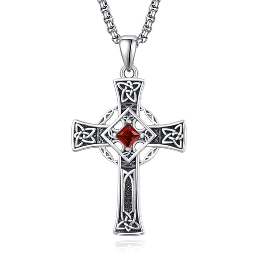 925 Silver Garnet Celtic Cross Necklace Men 22 Inch Chain