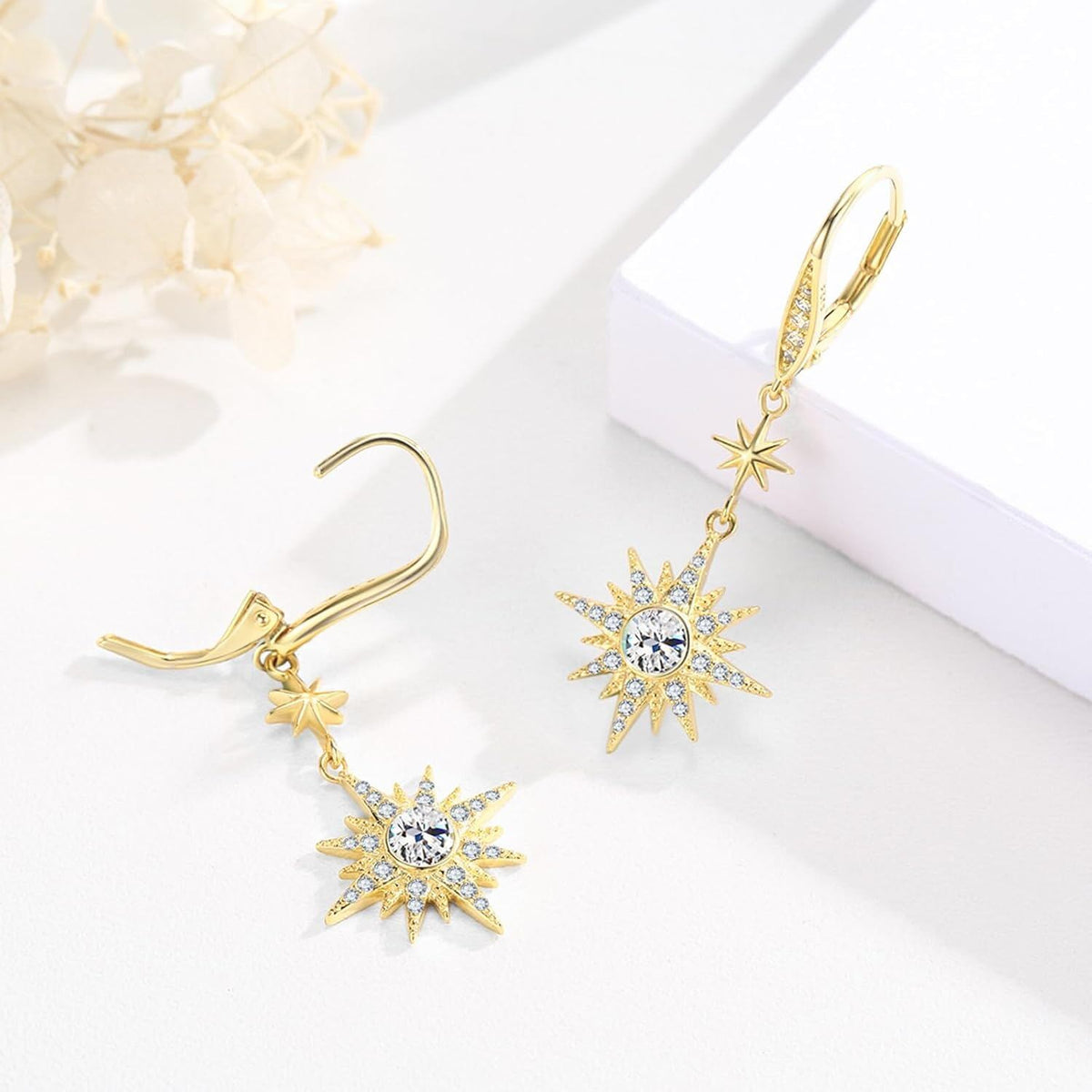 925 Sterling Silver Starburst Birthstone Drop Earrings