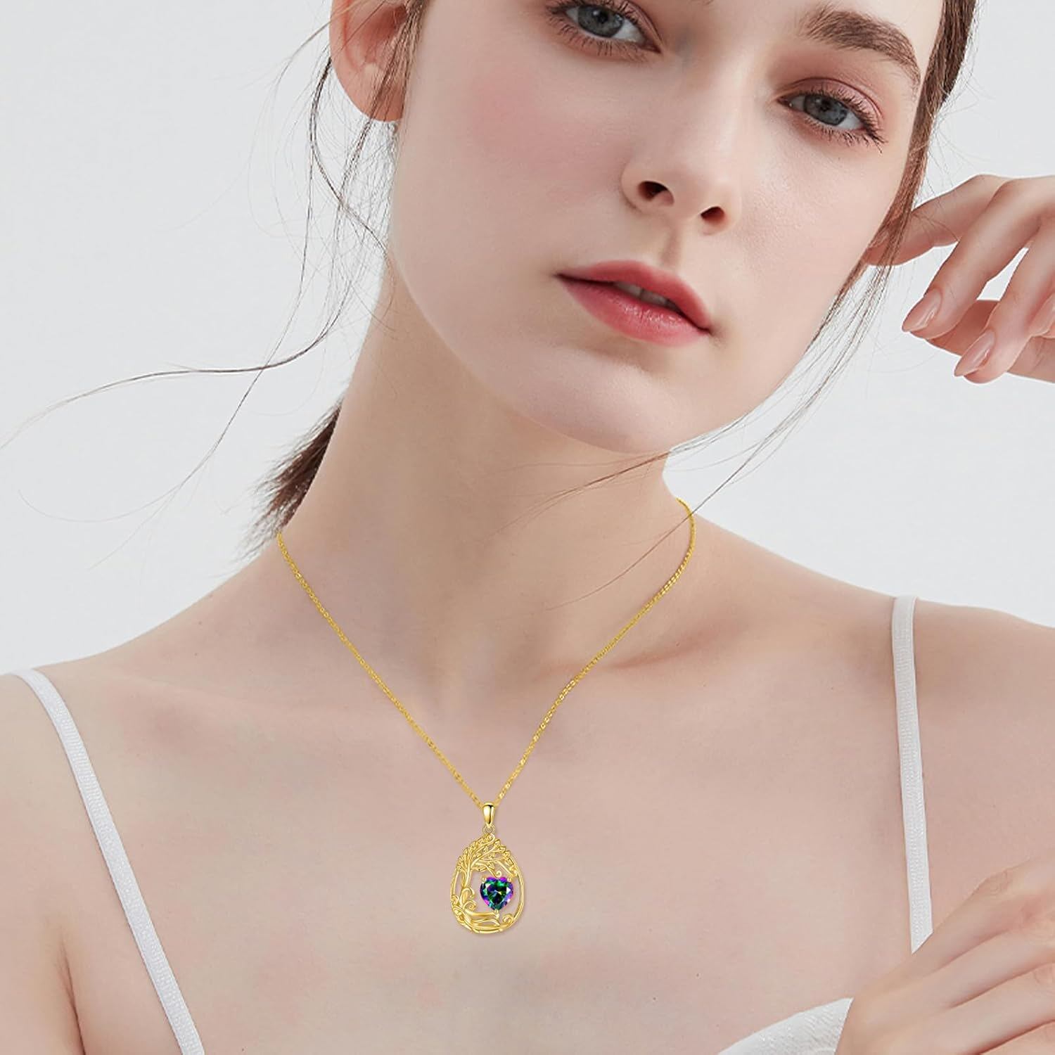 925 Silver Gold Plated Gemstone Tree Life Pendant Necklace