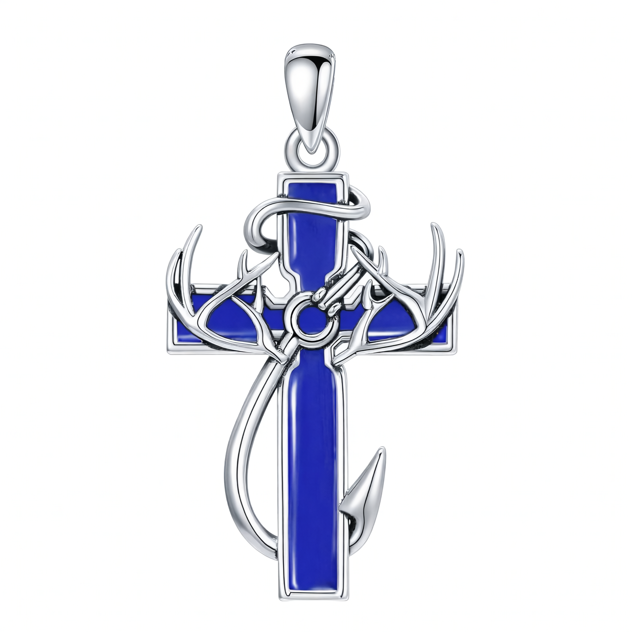 925 Silver Black Enamel Deer Antlers Cross Necklace Men