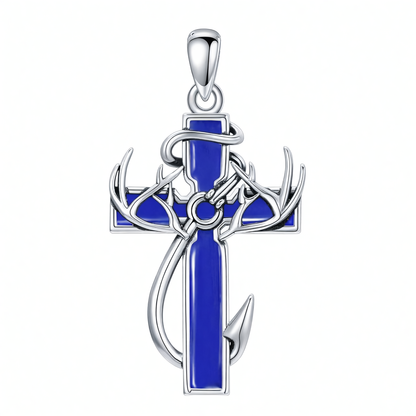 925 Silver Black Enamel Deer Antlers Cross Necklace Men