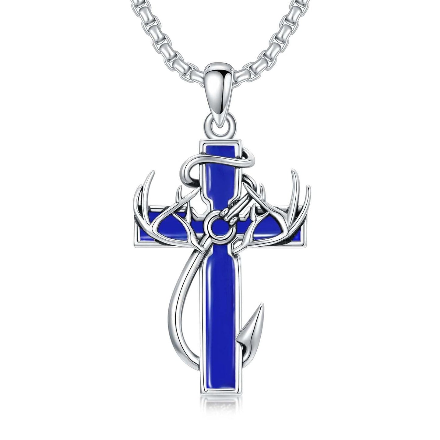 925 Silver Black Enamel Deer Antlers Cross Necklace Men