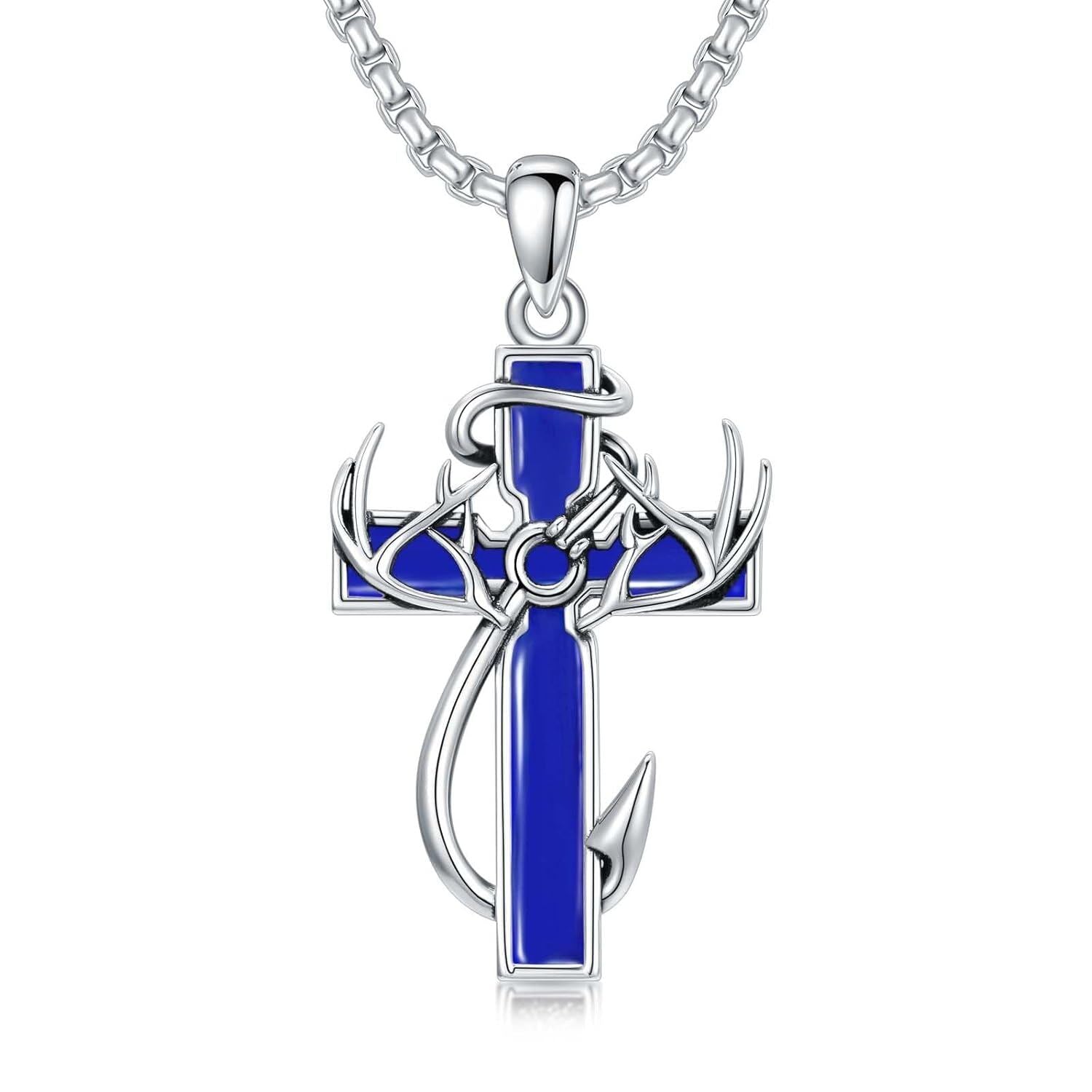 925 Silver Black Enamel Deer Antlers Cross Necklace Men