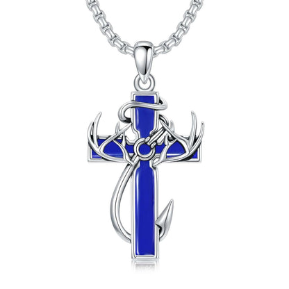925 Silver Black Enamel Deer Antlers Cross Necklace Men