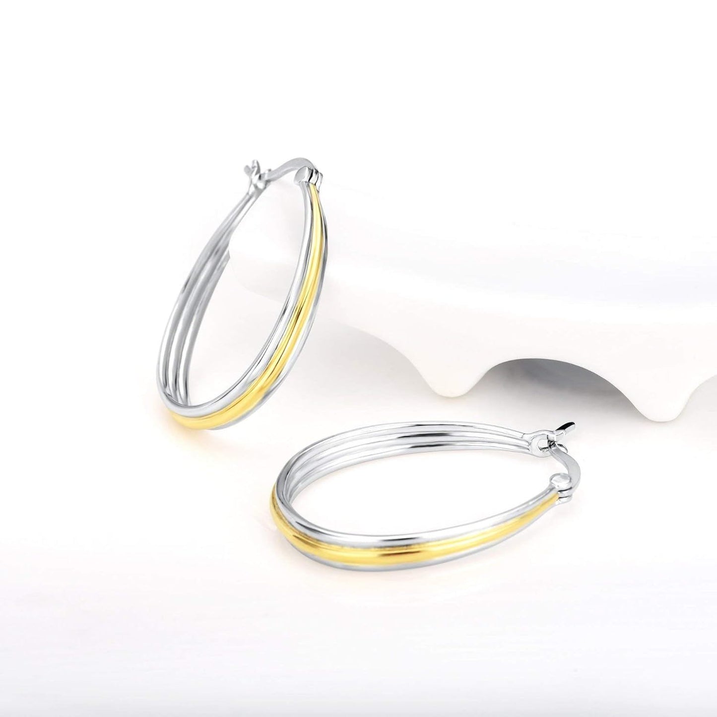 925 Sterling Silver Gold Plated Oval Grooved Hoop Earrings for Women