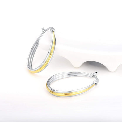 925 Sterling Silver Gold Plated Oval Grooved Hoop Earrings for Women