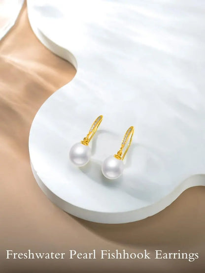 14K Gold White Freshwater Pearl Drop Earrings with Diamonds