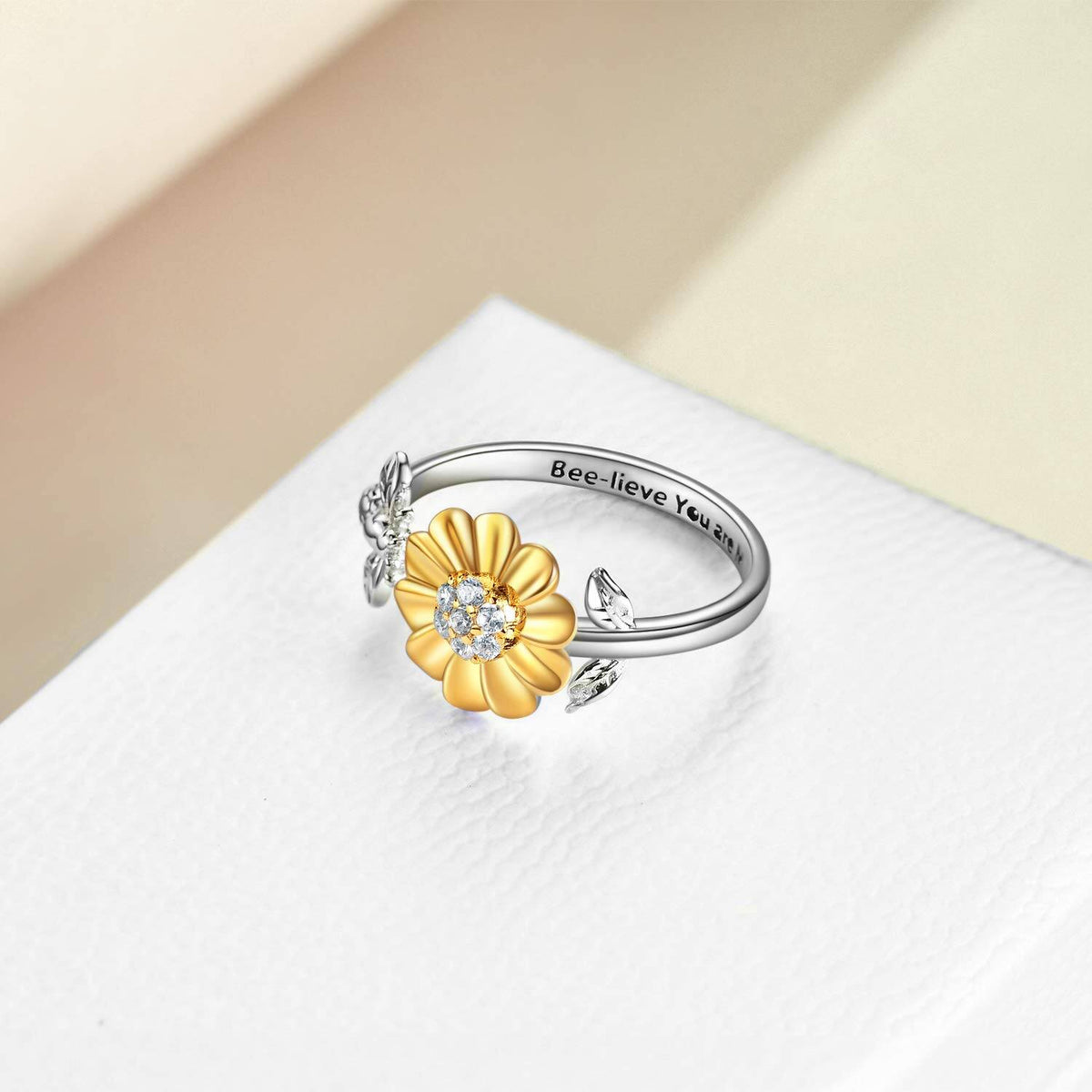 925 Sterling Silver Bee & Sunflower Adjustable Ring