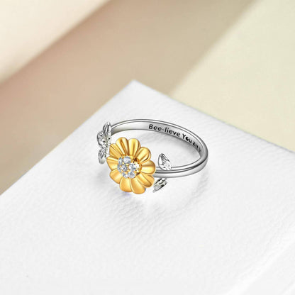 925 Sterling Silver Bee & Sunflower Adjustable Ring