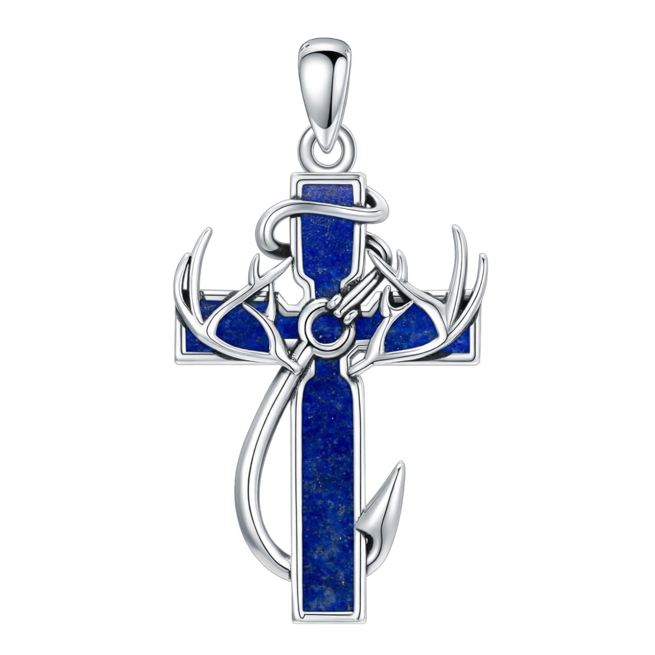 925 Silver Black Enamel Deer Antlers Cross Necklace Men