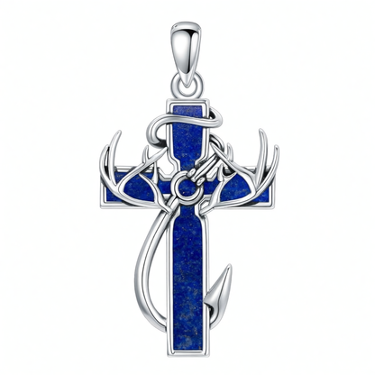925 Silver Black Enamel Deer Antlers Cross Necklace Men