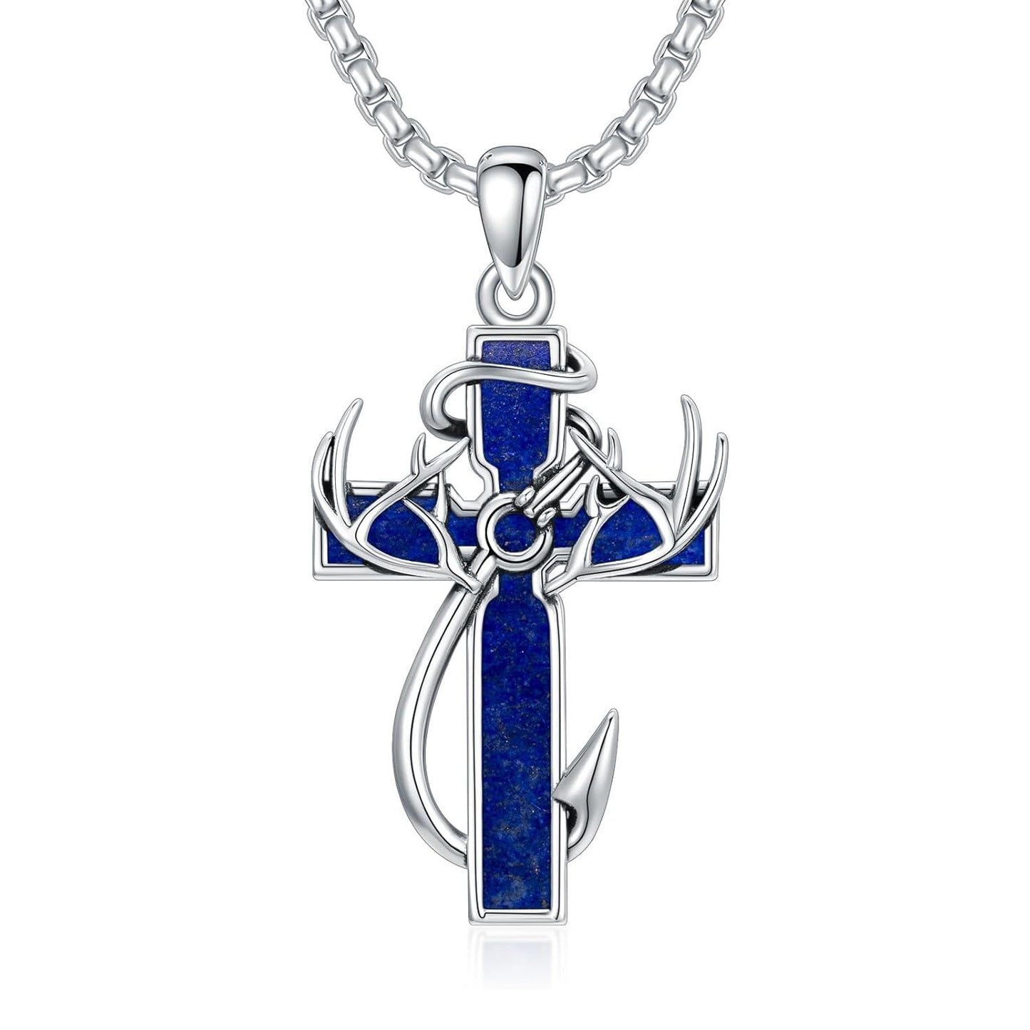 925 Silver Black Enamel Deer Antlers Cross Necklace Men