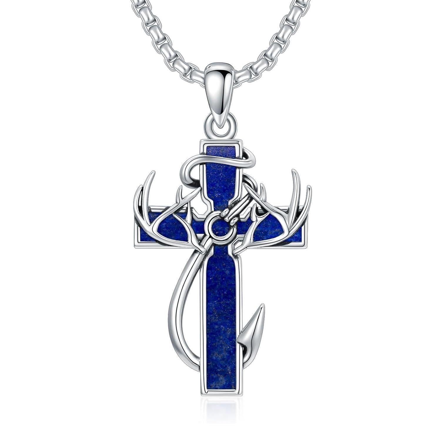 925 Silver Black Enamel Deer Antlers Cross Necklace Men