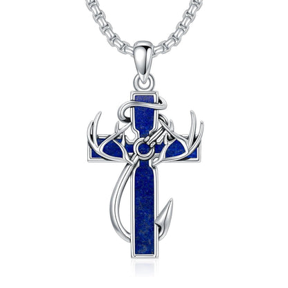 925 Silver Black Enamel Deer Antlers Cross Necklace Men