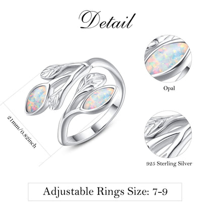 925 Sterling Silver Leaf Ring with Birthstone Adjustable Wrap Promise Engagement Wedding Rings for Women