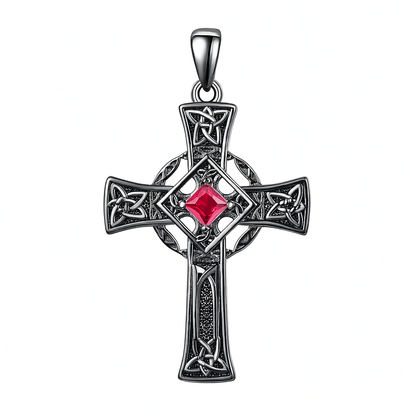 925 Silver Garnet Celtic Cross Necklace Men 22 Inch Chain