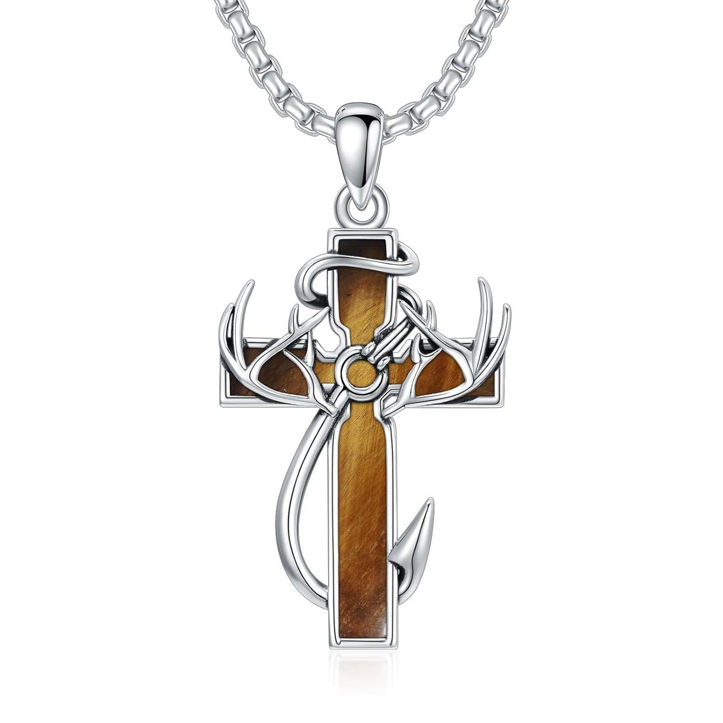 925 Silver Black Enamel Deer Antlers Cross Necklace Men