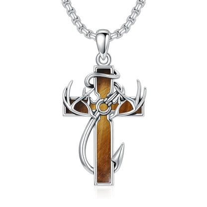 925 Silver Black Enamel Deer Antlers Cross Necklace Men