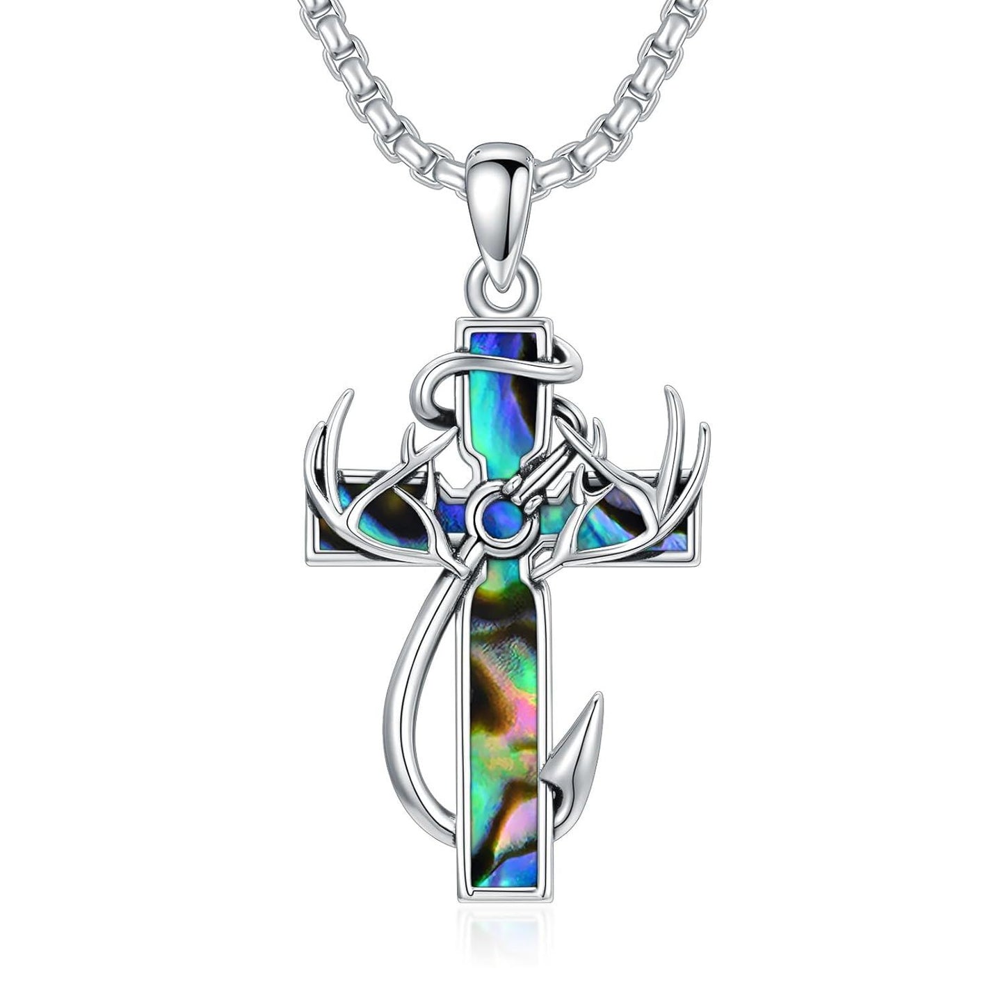 925 Silver Black Enamel Deer Antlers Cross Necklace Men