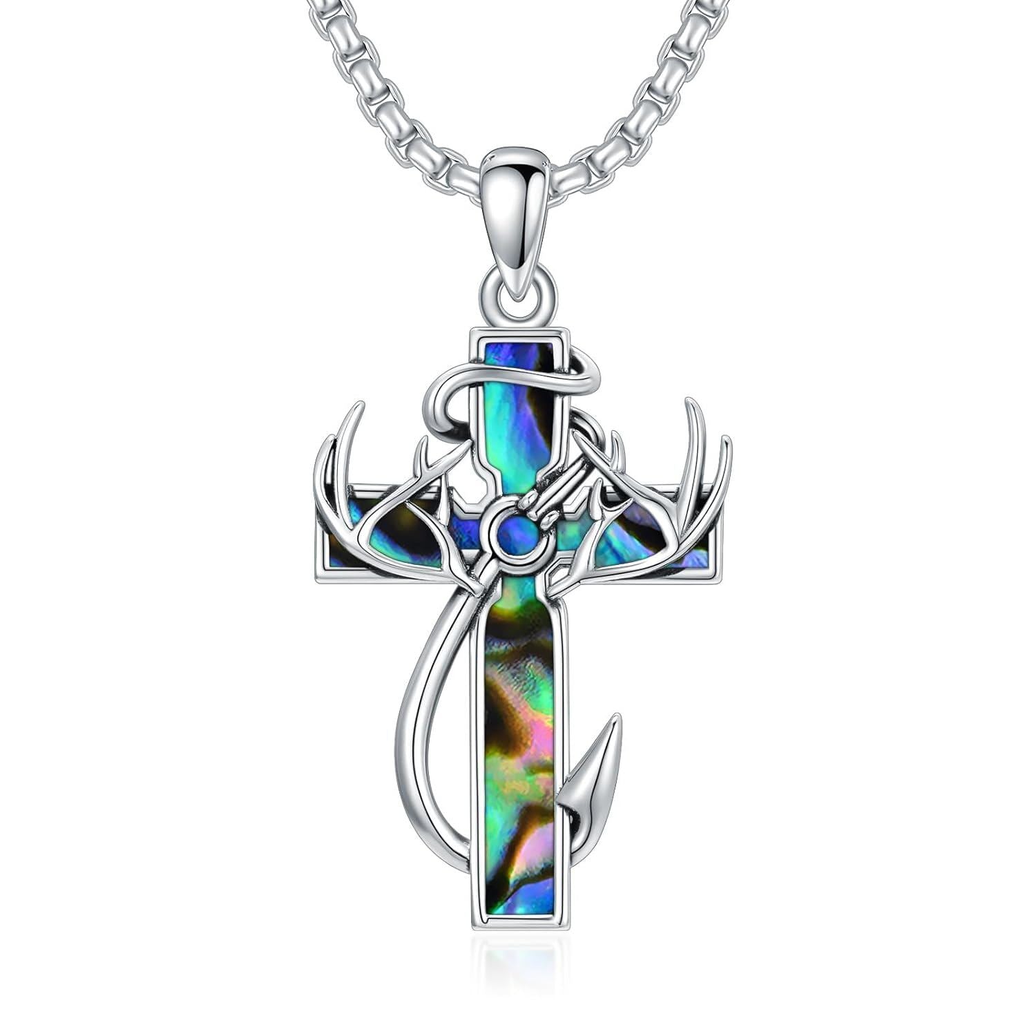 925 Silver Black Enamel Deer Antlers Cross Necklace Men
